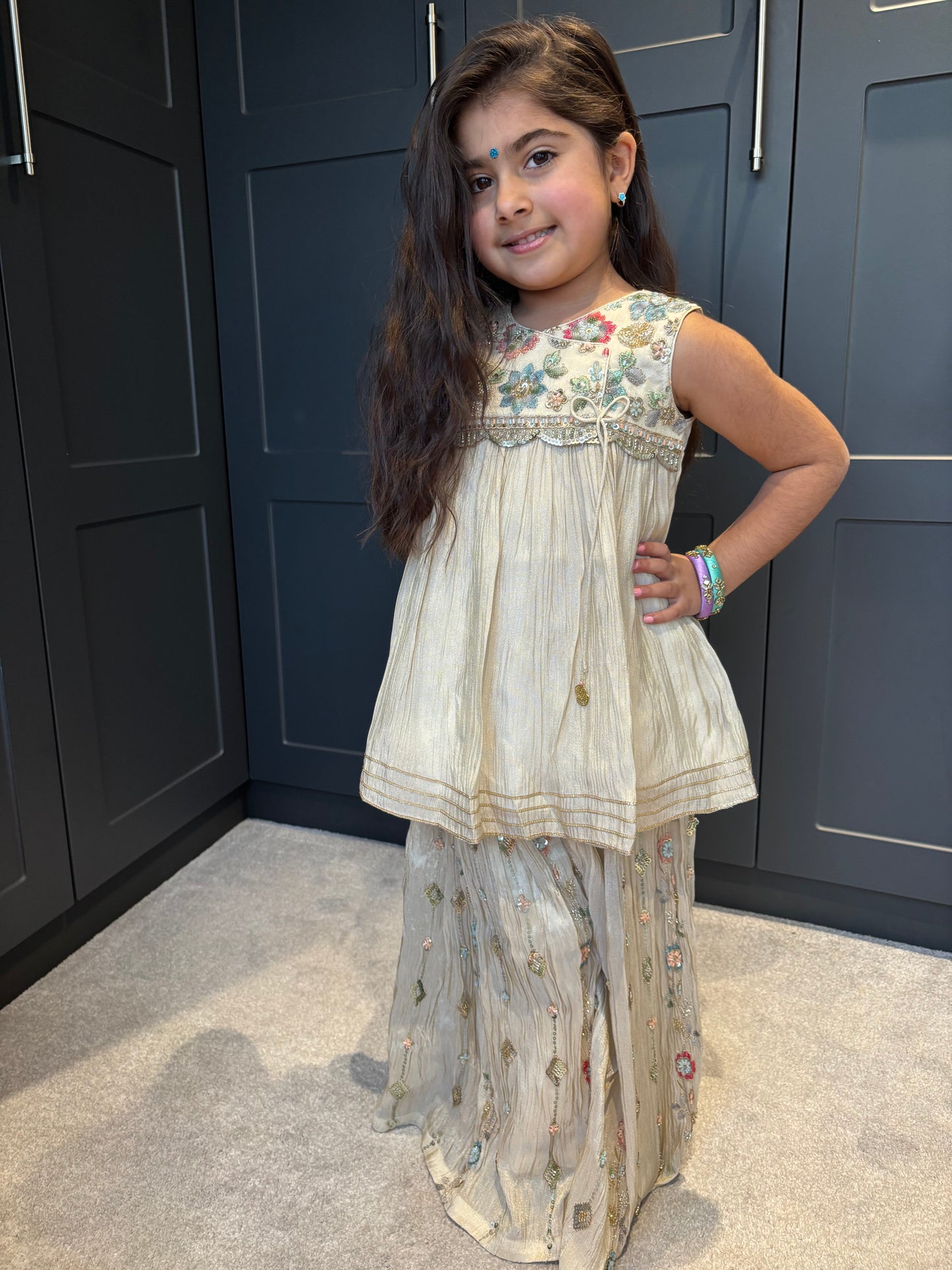 Pastel Floral Embroidery Palazzo Suit