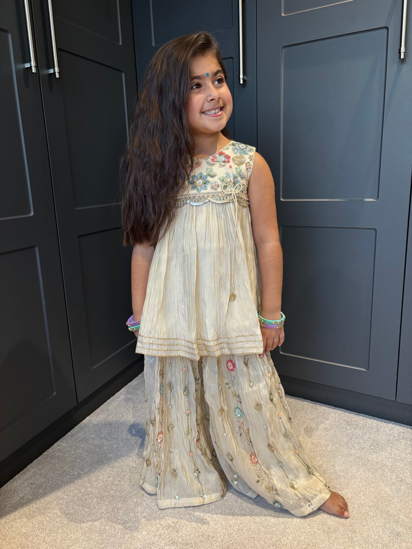 Pastel Floral Embroidery Palazzo Suit