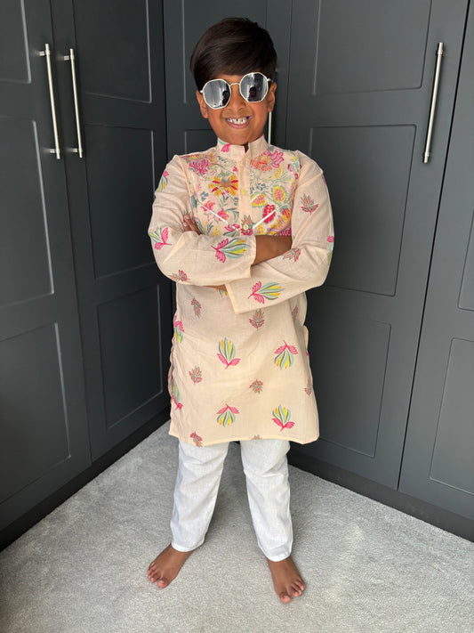 Lotus Print Kurta Pyjama Set Boys | Sibling Collection |