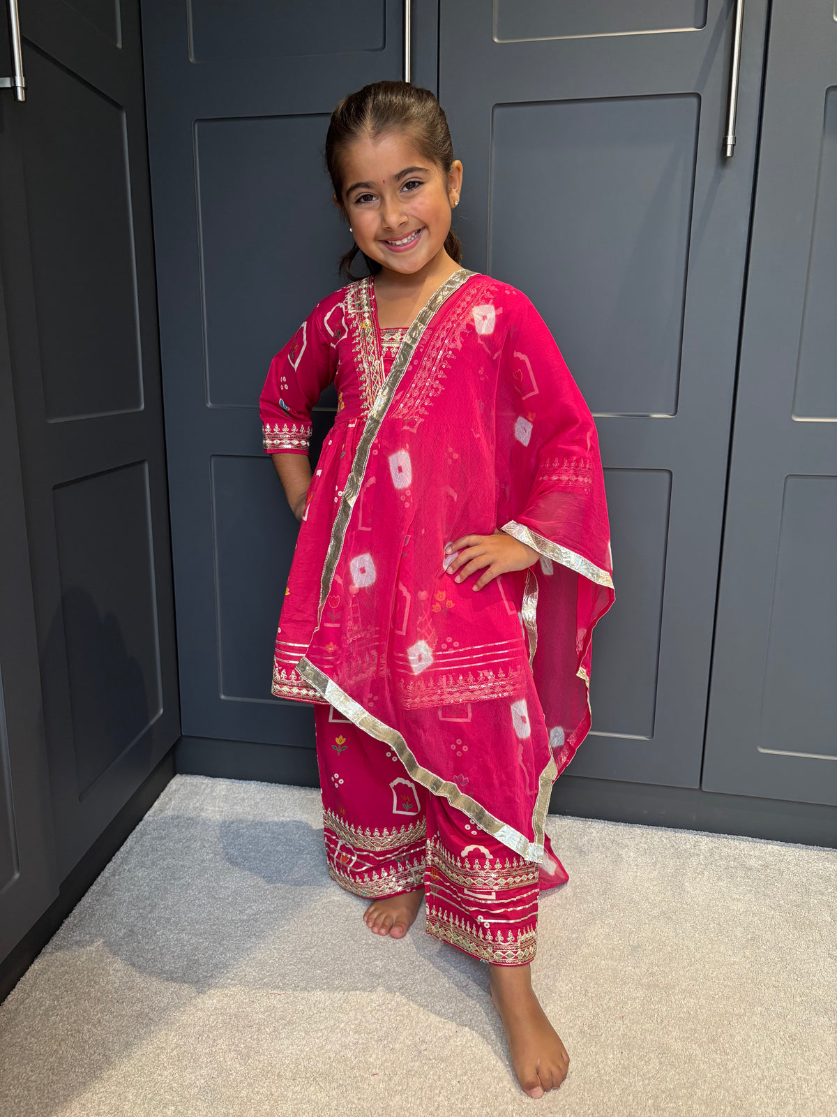 Rani Pink Cotton Palazzo Suit with Gotta Detail & Bandhani Dupatta | Indian Kidswear | Girls Outfits