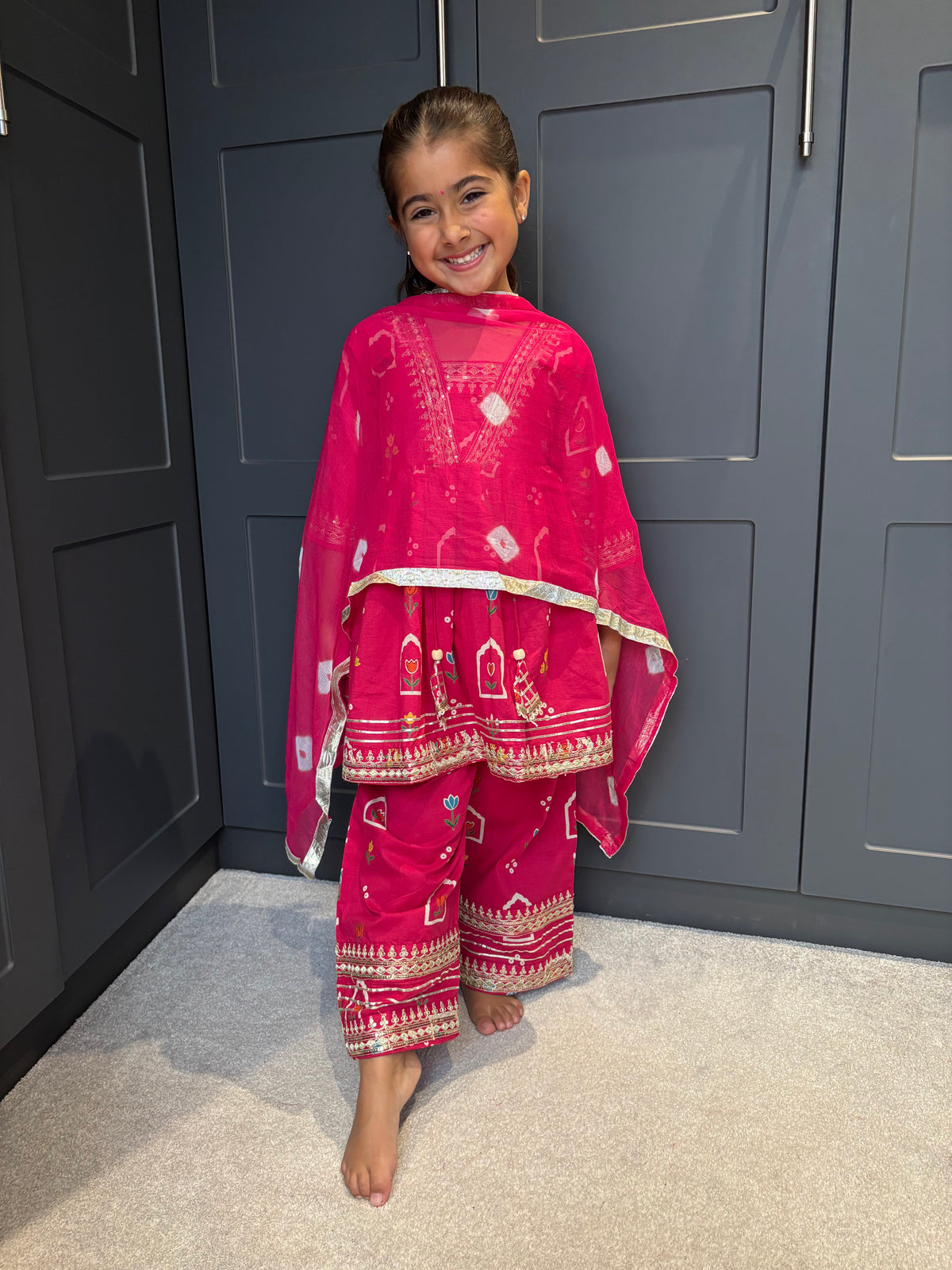 Rani Pink Cotton Palazzo Suit with Gotta Detail & Bandhani Dupatta | Indian Kidswear | Girls Outfits