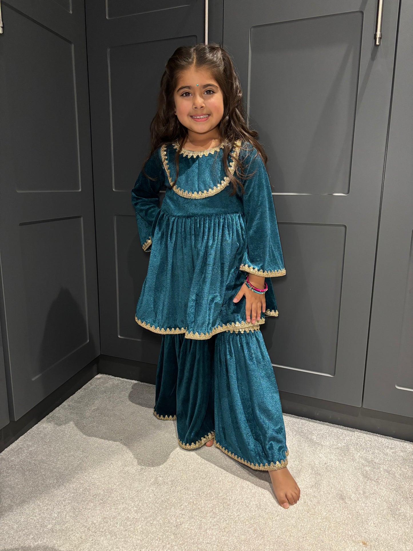 Teal Velvet Sharara Suit