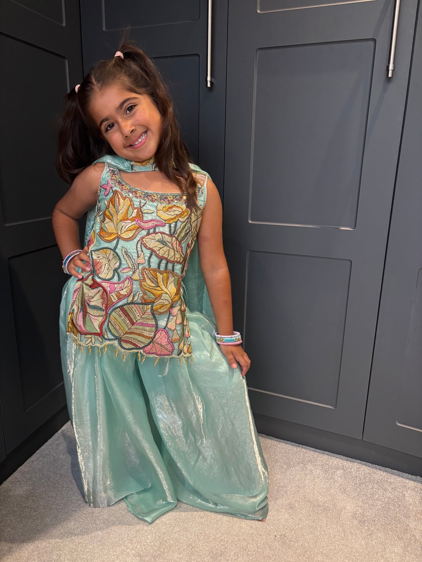 Girls Aqua Blue Embroidered Palazzo Suit | Floral Festive Ethnic Wear