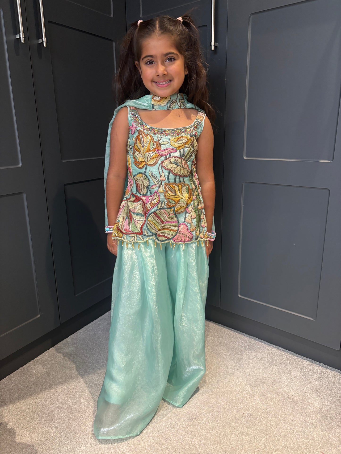 Girls Aqua Blue Embroidered Palazzo Suit | Floral Festive Ethnic Wear
