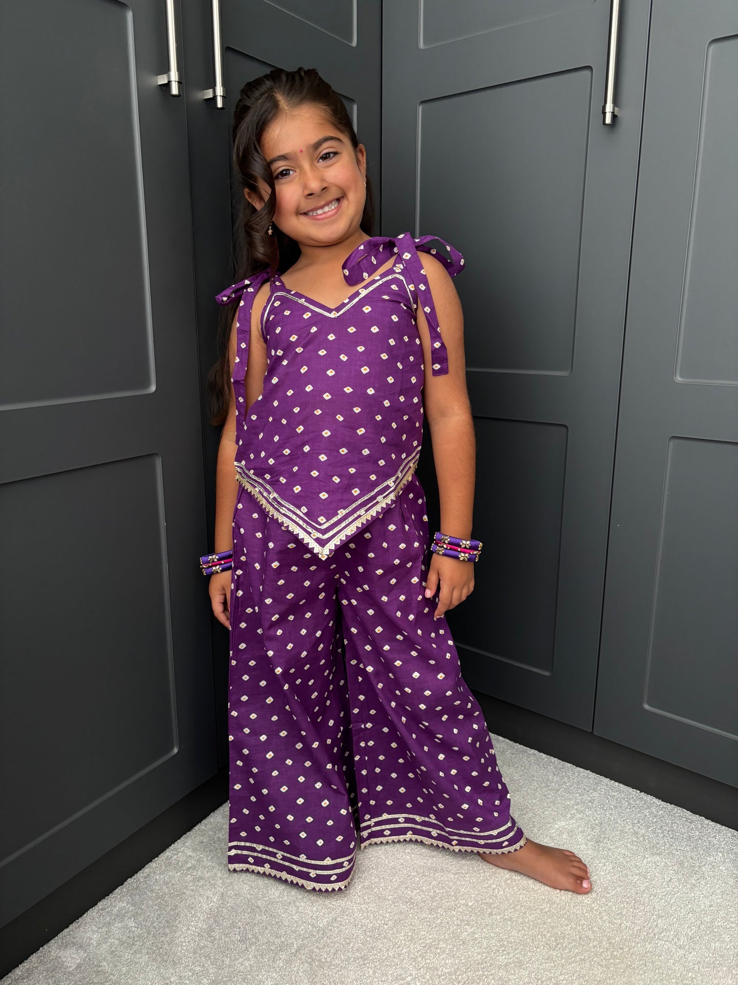 Girls Festive Purple Bandhani Print Palazzo Suit | Sibling Collection