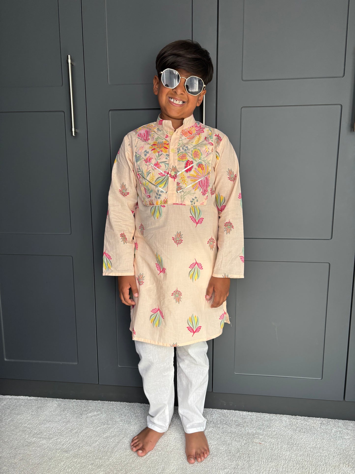 Lotus Print Kurta Pyjama Set | Boys' Indian Festive Wear | Sibling Collection