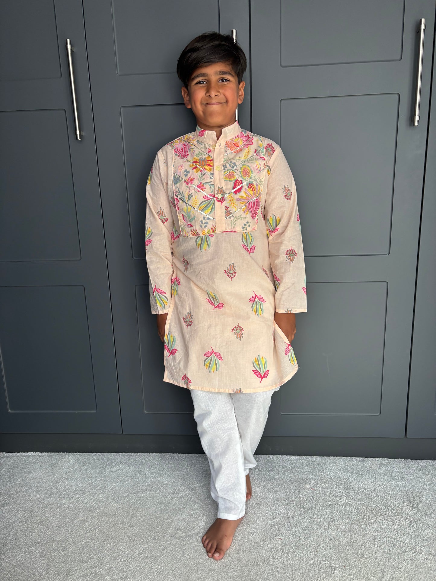 Lotus Print Kurta Pyjama Set | Boys' Indian Festive Wear | Sibling Collection