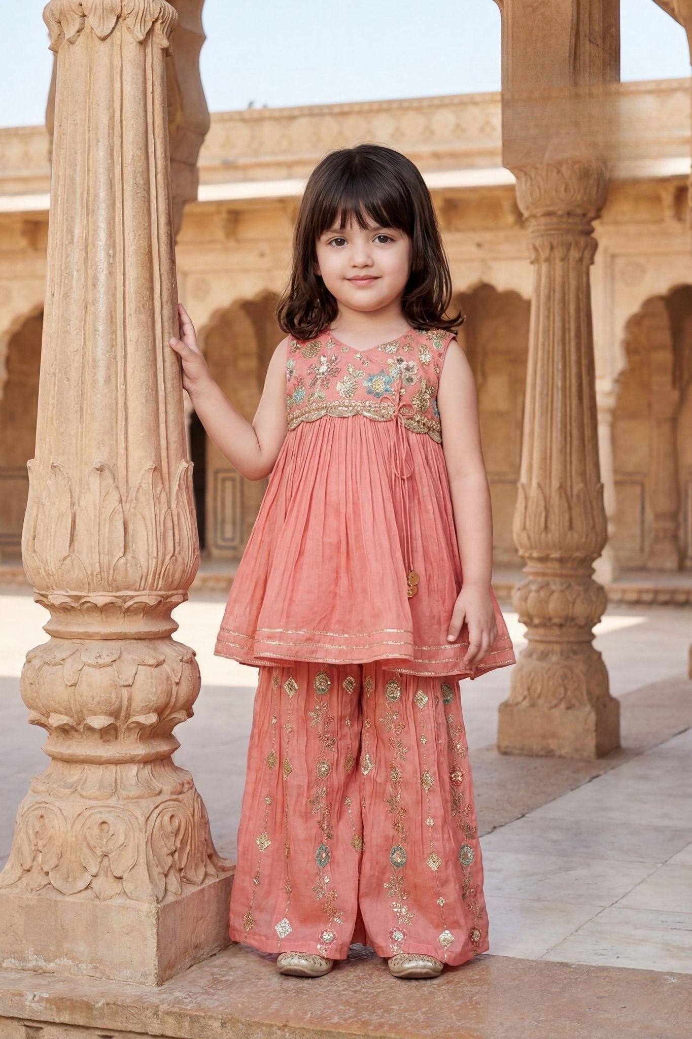 Peach Floral Embroidered Palazzo Suit
