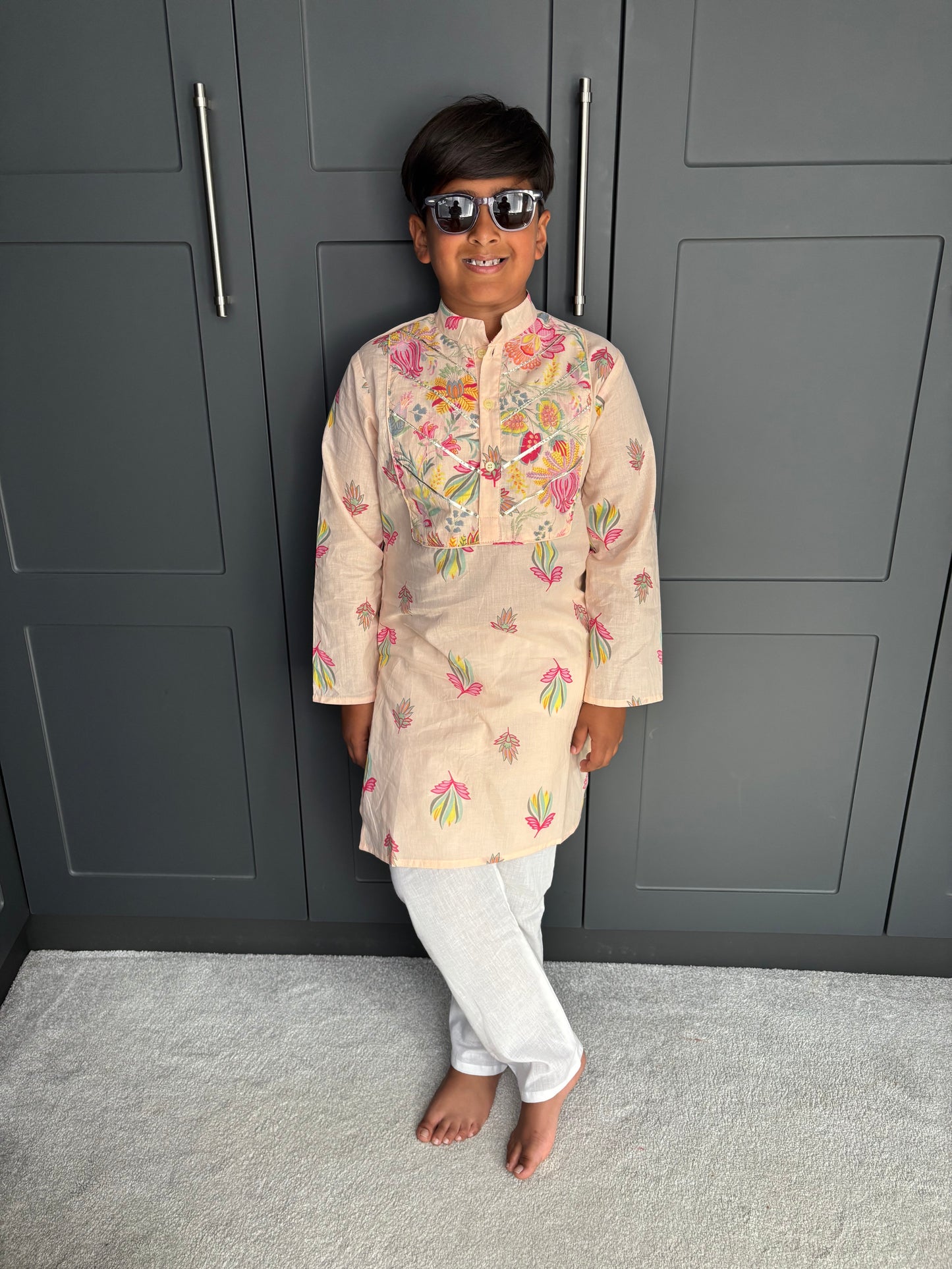 Lotus Print Kurta Pyjama Set | Boys' Indian Festive Wear | Sibling Collection