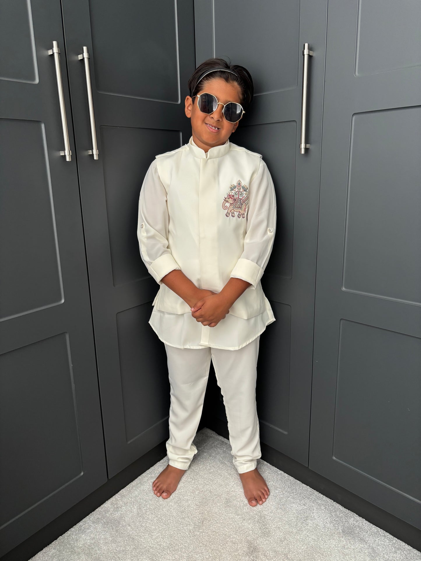 Boys Ivory Embroidered Nehru Jacket