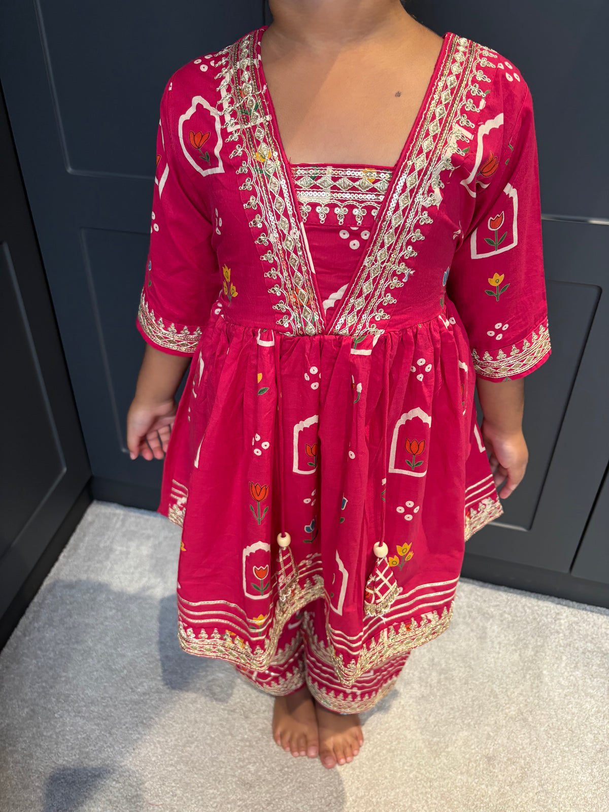Rani Pink Cotton Palazzo Suit with Gotta Detail & Bandhani Dupatta | Indian Kidswear | Girls Outfits