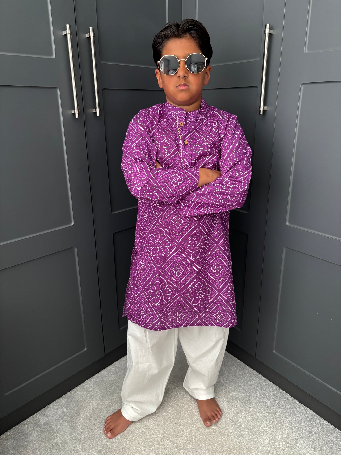 Boys Festive Purple Bandhani Print Salwar Kameez | Sibling Collection
