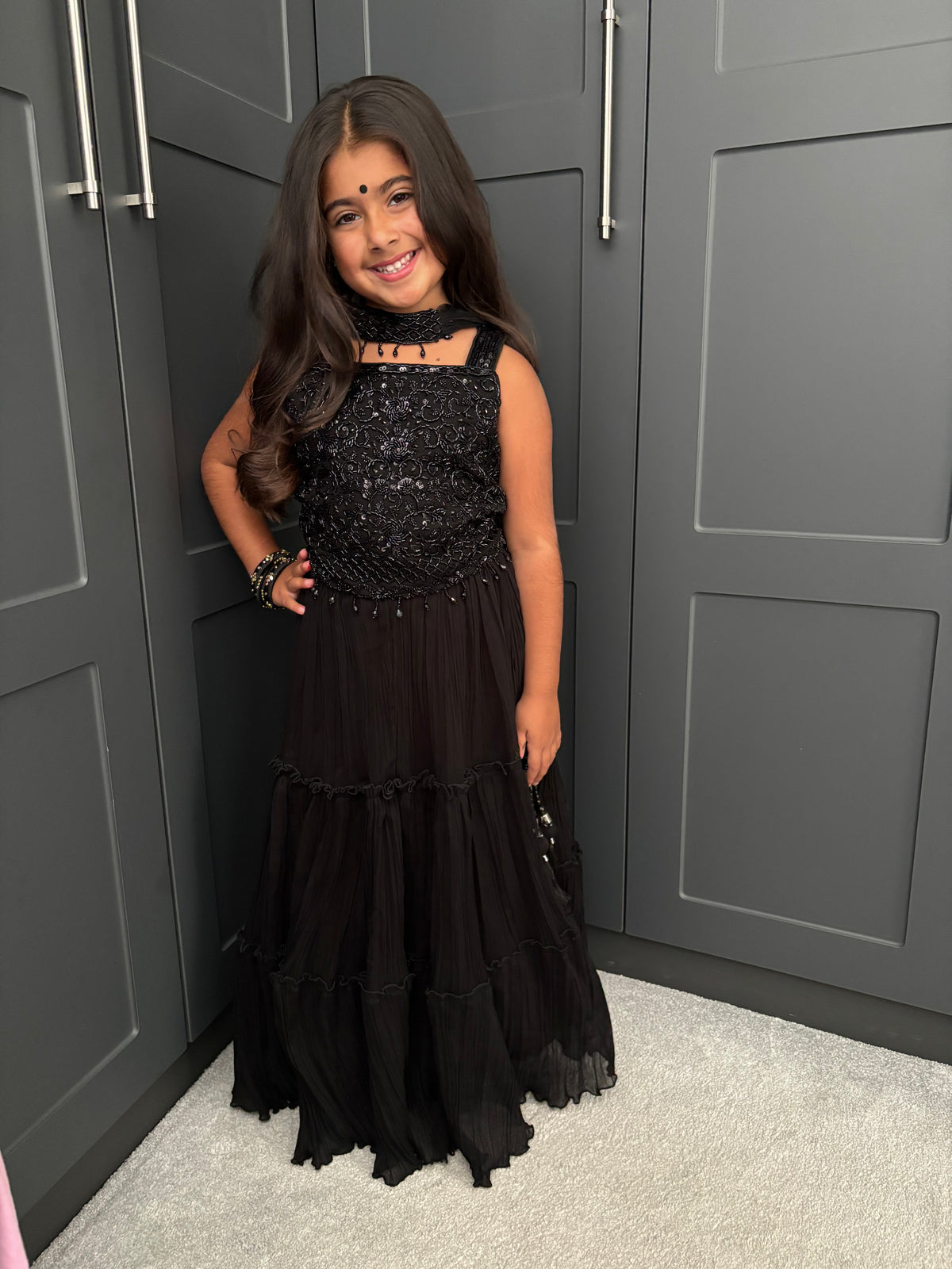 Black Embellished Lengha Set with Collar Dupatta | Girls Indian Festive Wear