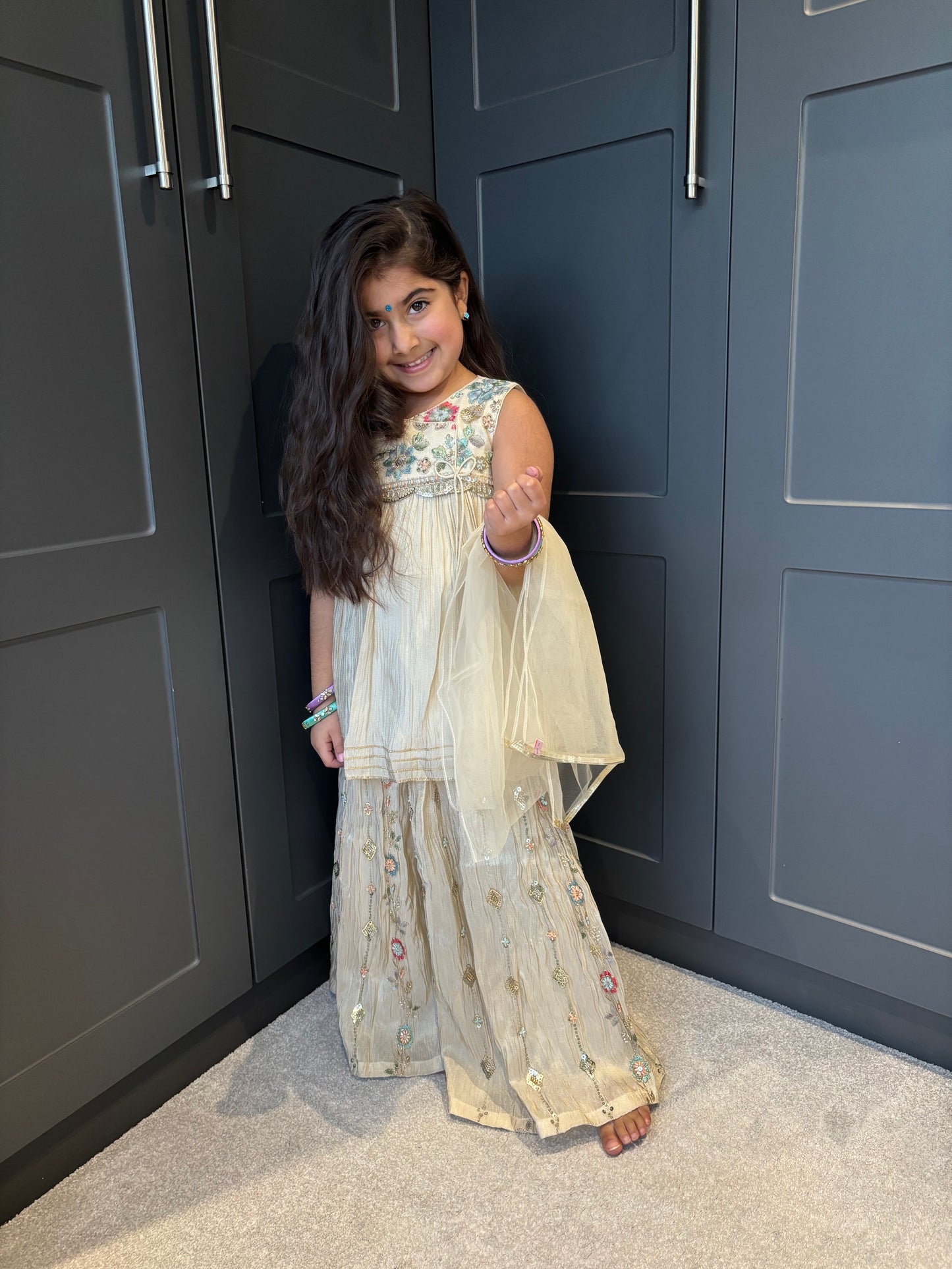 Pastel Floral Embroidery Palazzo Suit