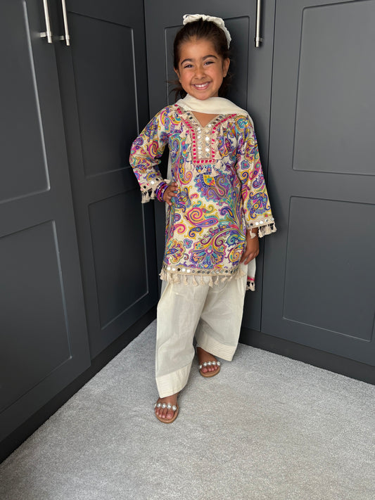 Paisley Mirror Work Kurta Salwar Set for Girls