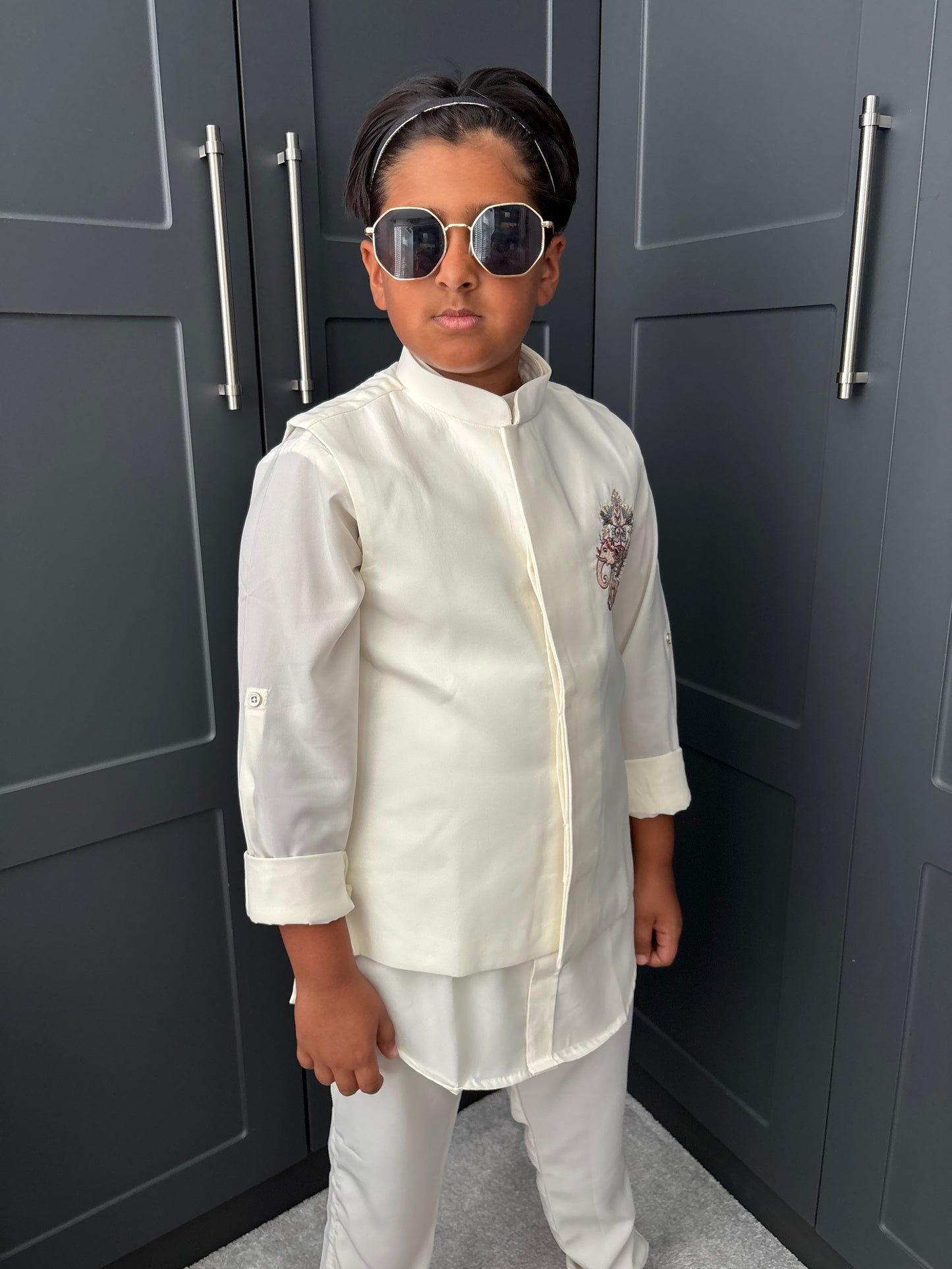 Boys Ivory Embroidered Nehru Jacket