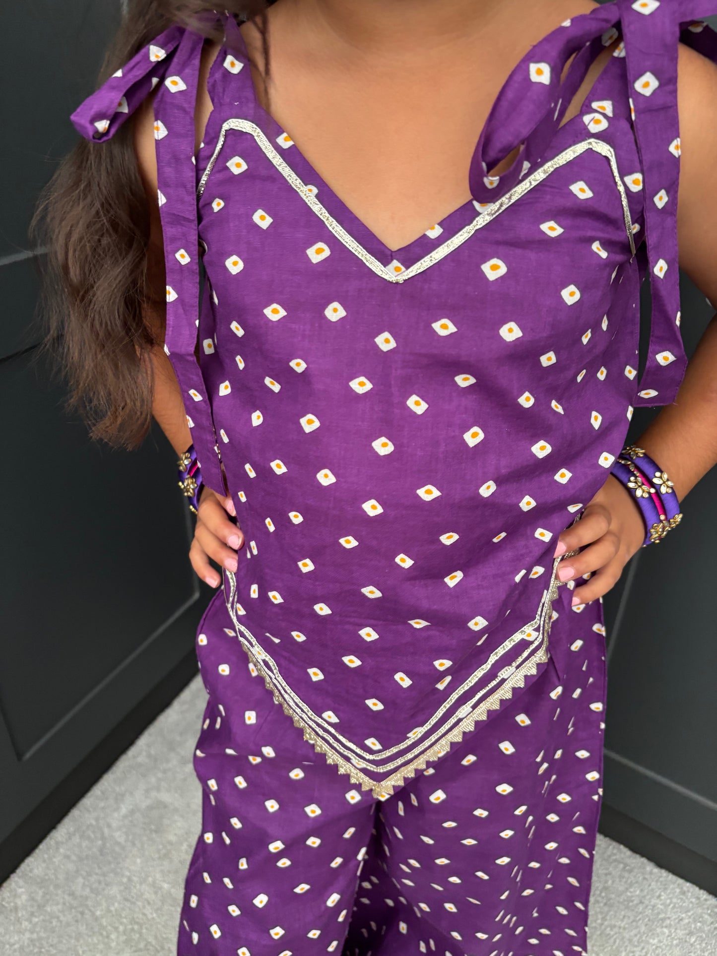 Girls Festive Purple Bandhani Print Palazzo Suit | Sibling Collection