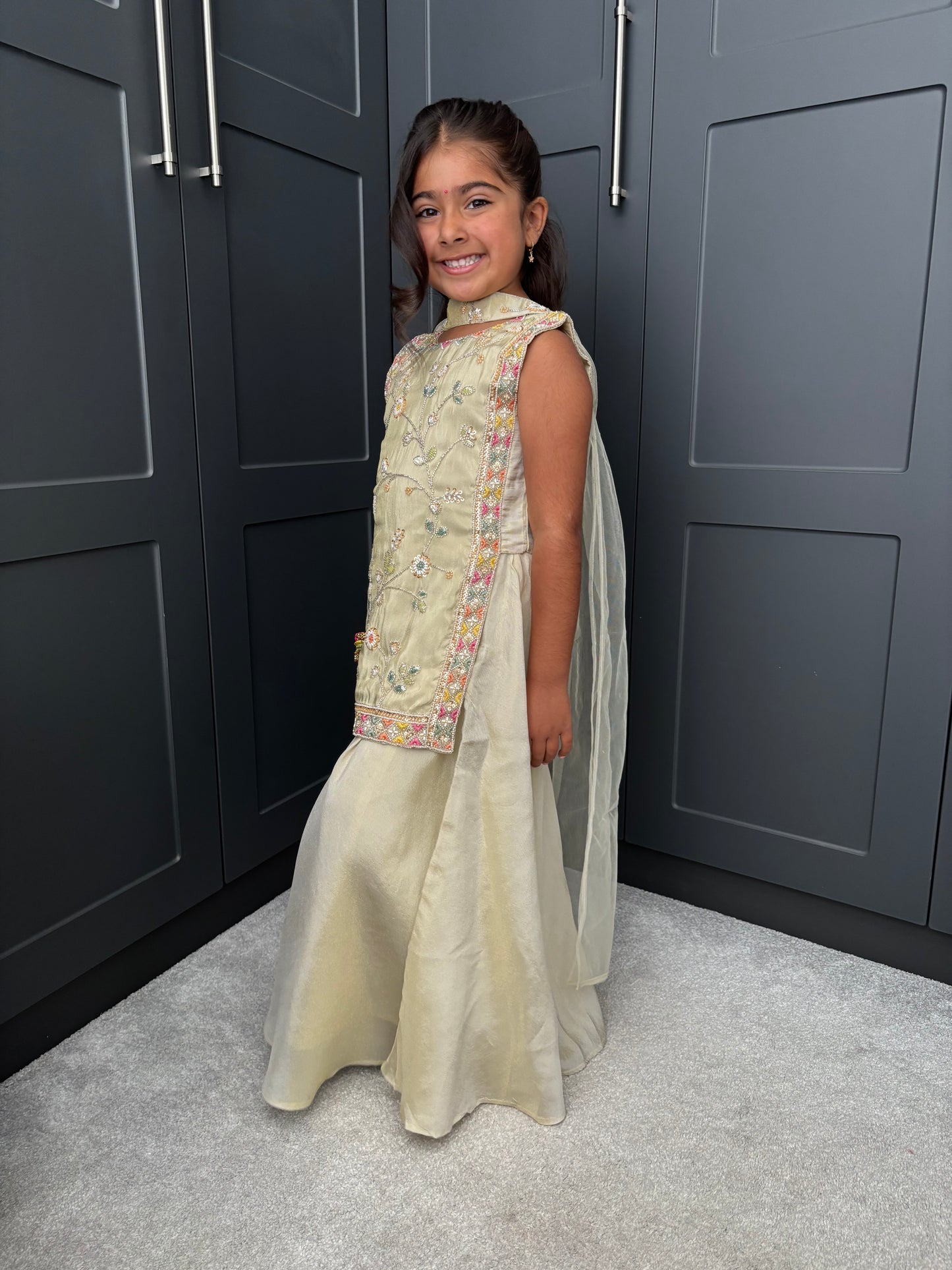 The Golden Muse | Girls Gold Floral Embroidered Palazzo Suit