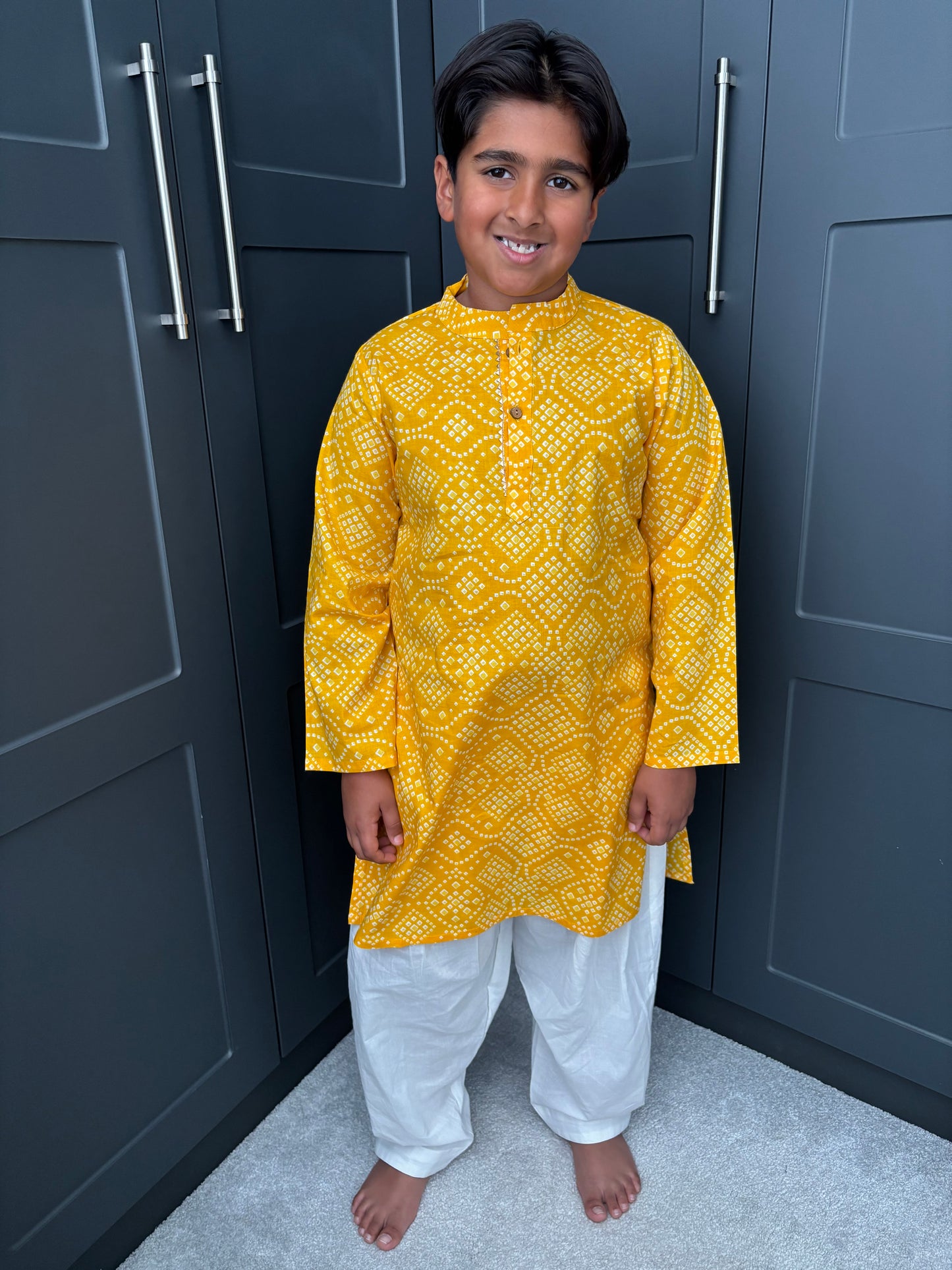 Boys Festive Yellow Bandhani Print Salwar Kameez | Sibling Collection