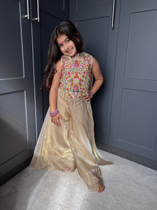 Gold Floral Pearl Palazzo Suit