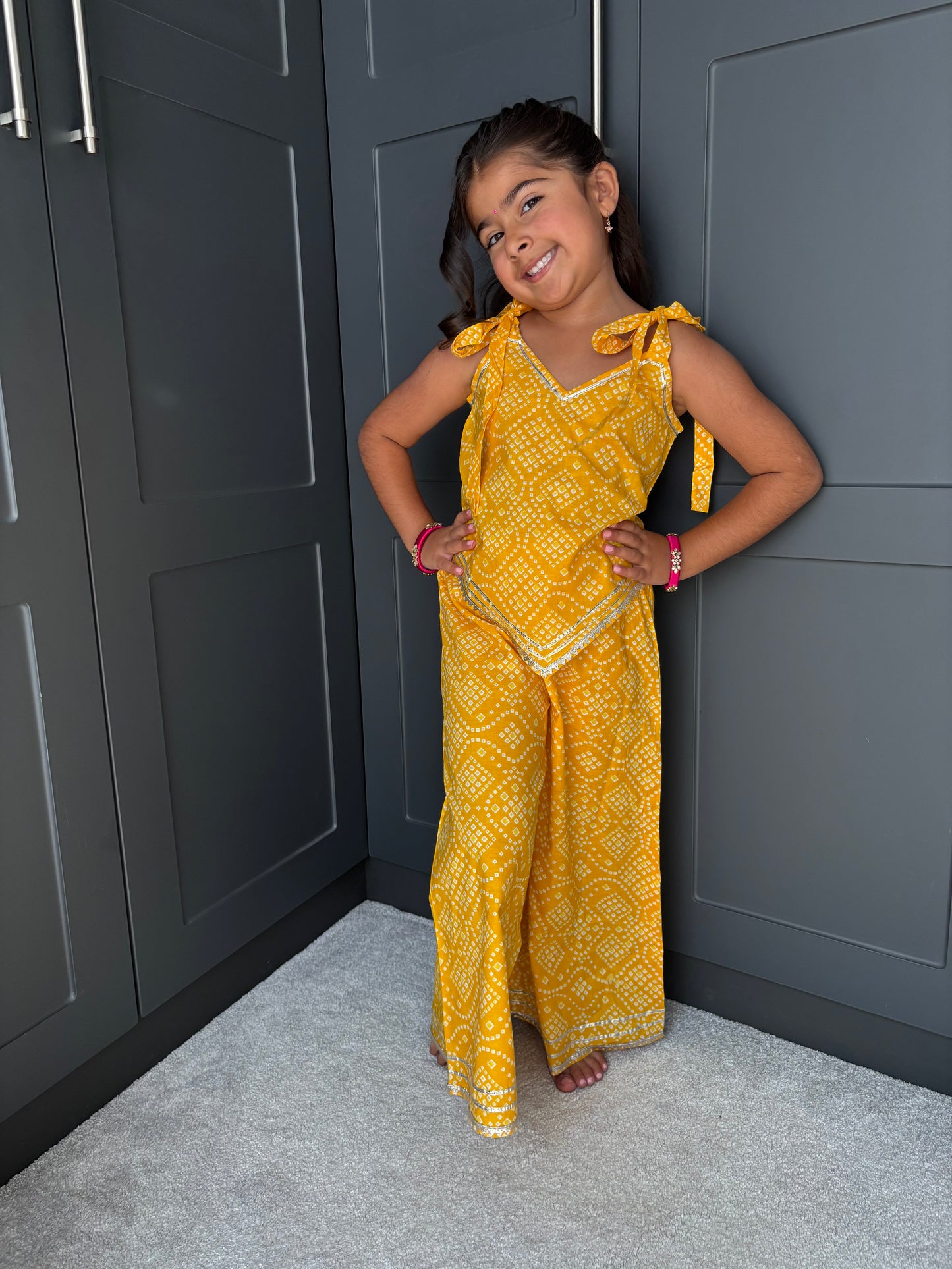 Girls Festive Yellow Bandhani Print Palazzo Suit | Sibling Collection