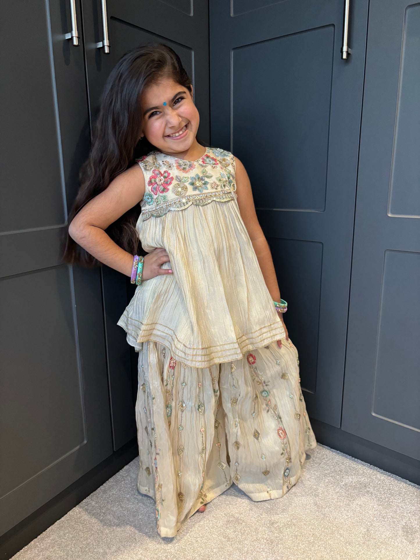 Pastel Floral Embroidery Palazzo Suit