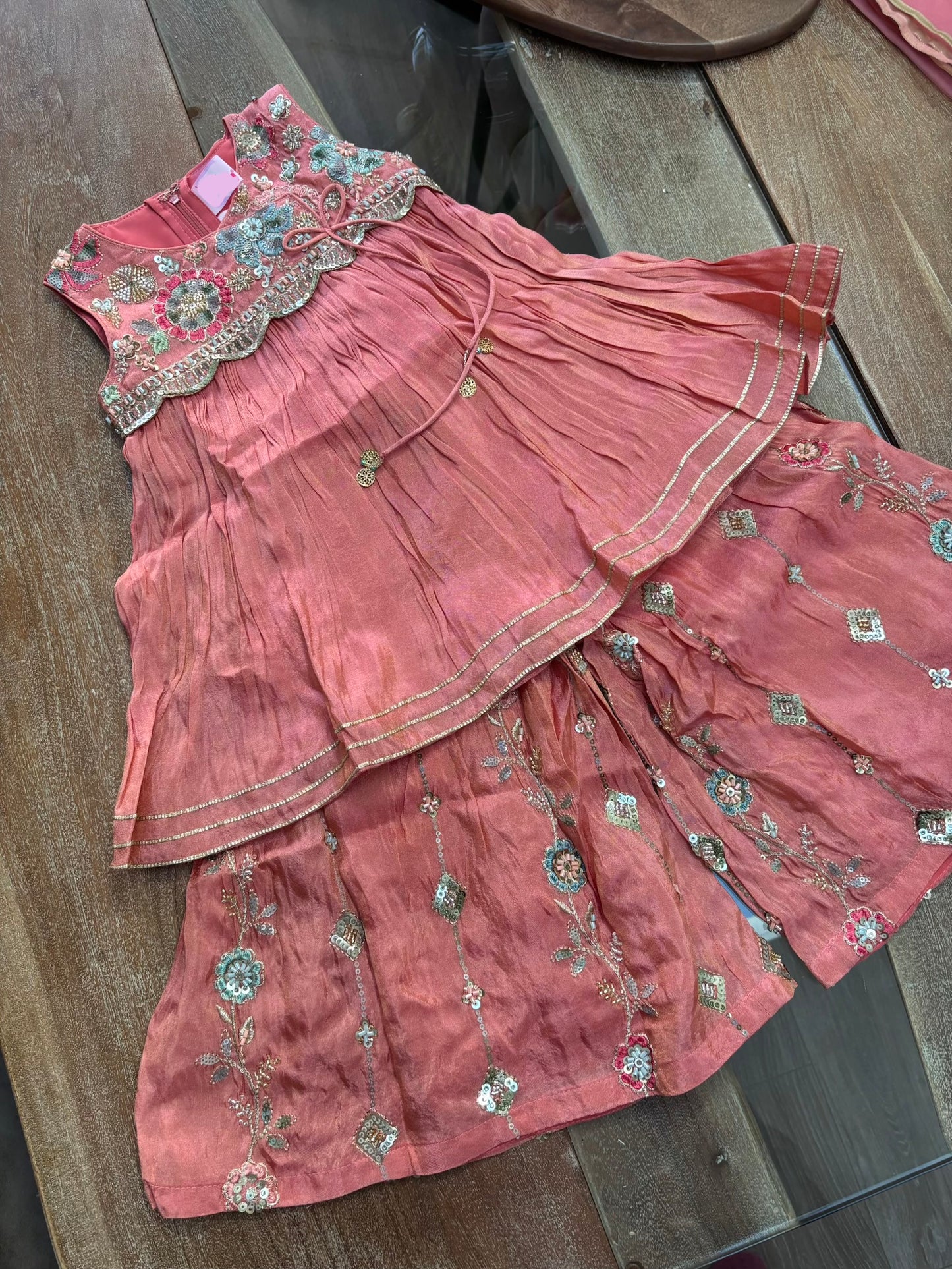 Peach Floral Embroidered Palazzo Suit