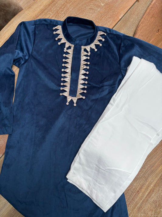Boys Royal Blue Velvet Kurta Pyjama