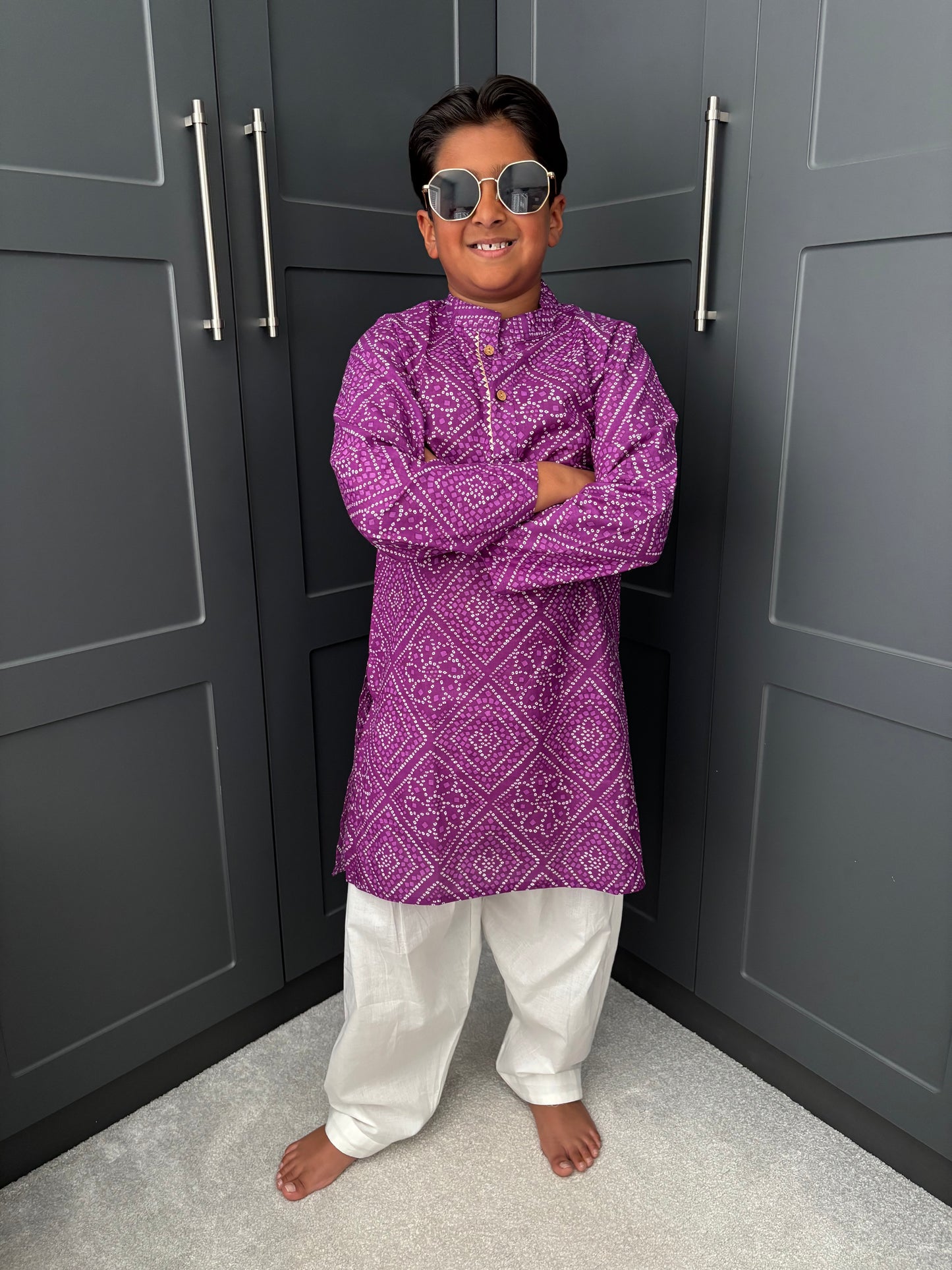 Boys Festive Purple Bandhani Print Salwar Kameez | Sibling Collection