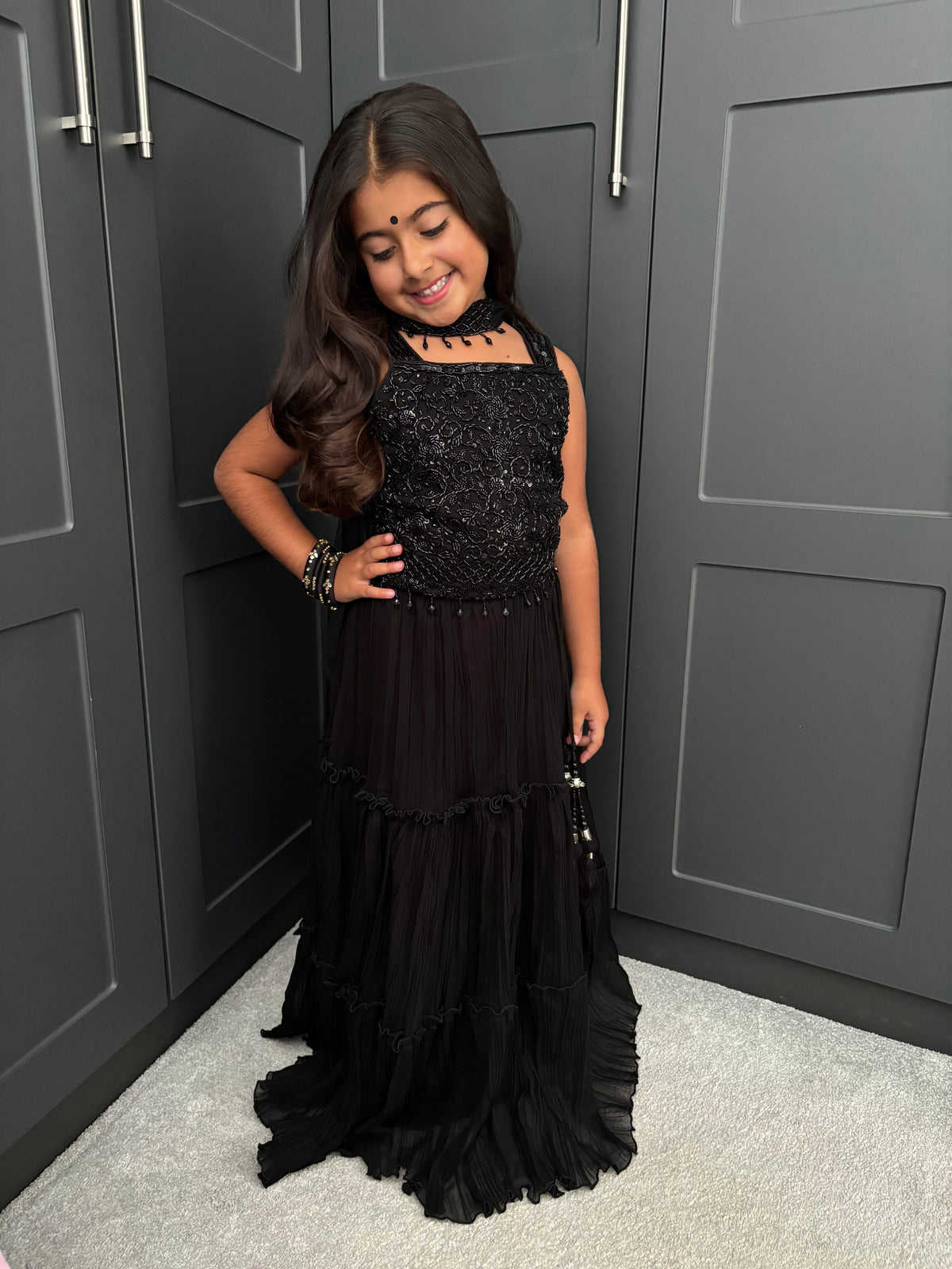 Black Embellished Lengha Set with Collar Dupatta | Girls Indian Festive Wear