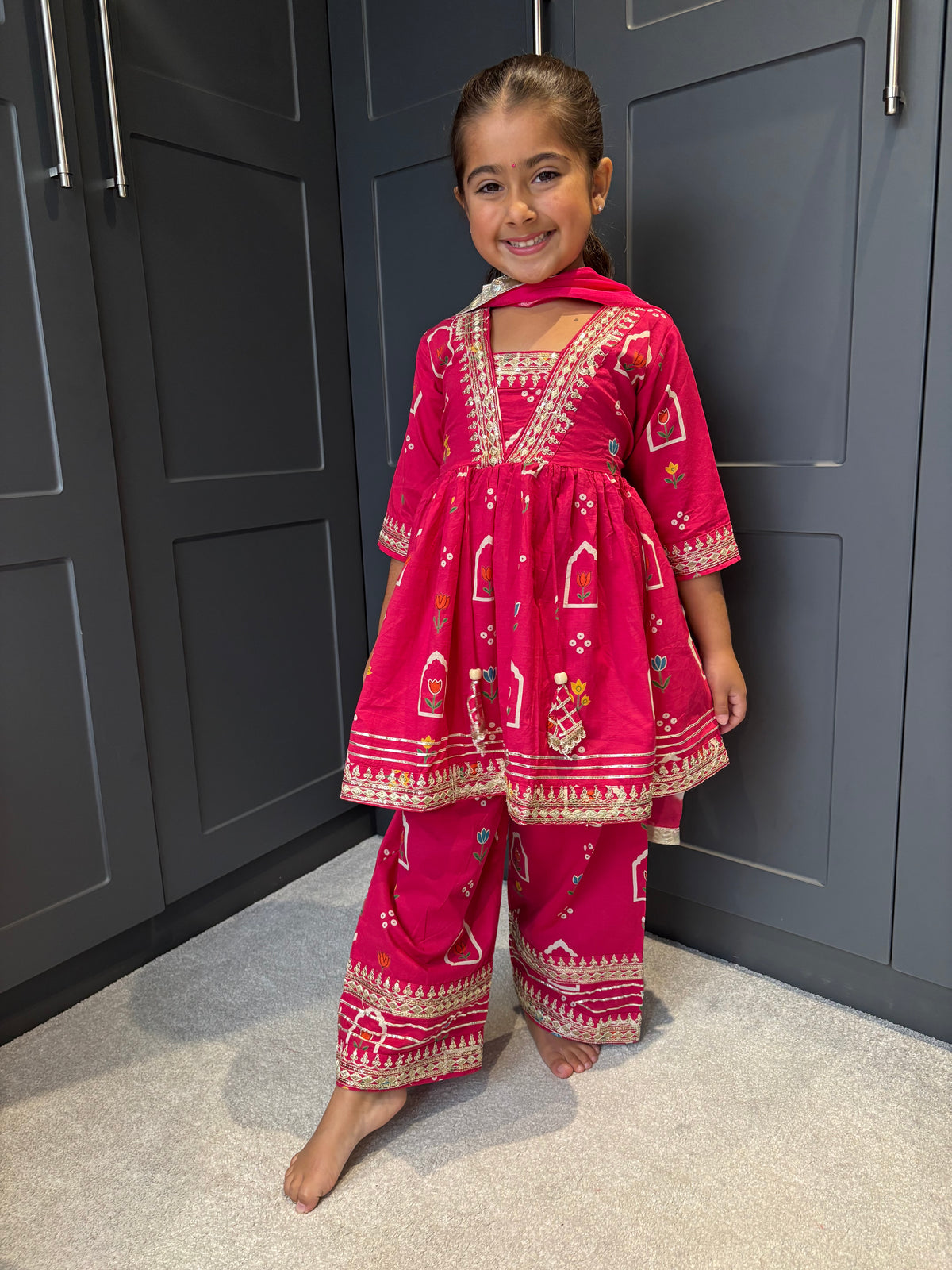 Rani Pink Cotton Palazzo Suit with Gotta Detail & Bandhani Dupatta | Indian Kidswear | Girls Outfits
