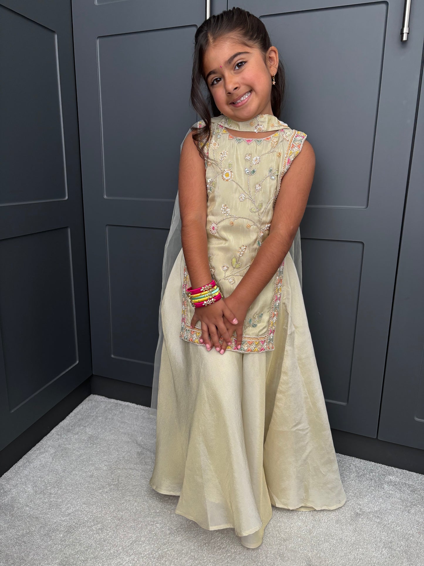 The Golden Muse | Girls Gold Floral Embroidered Palazzo Suit