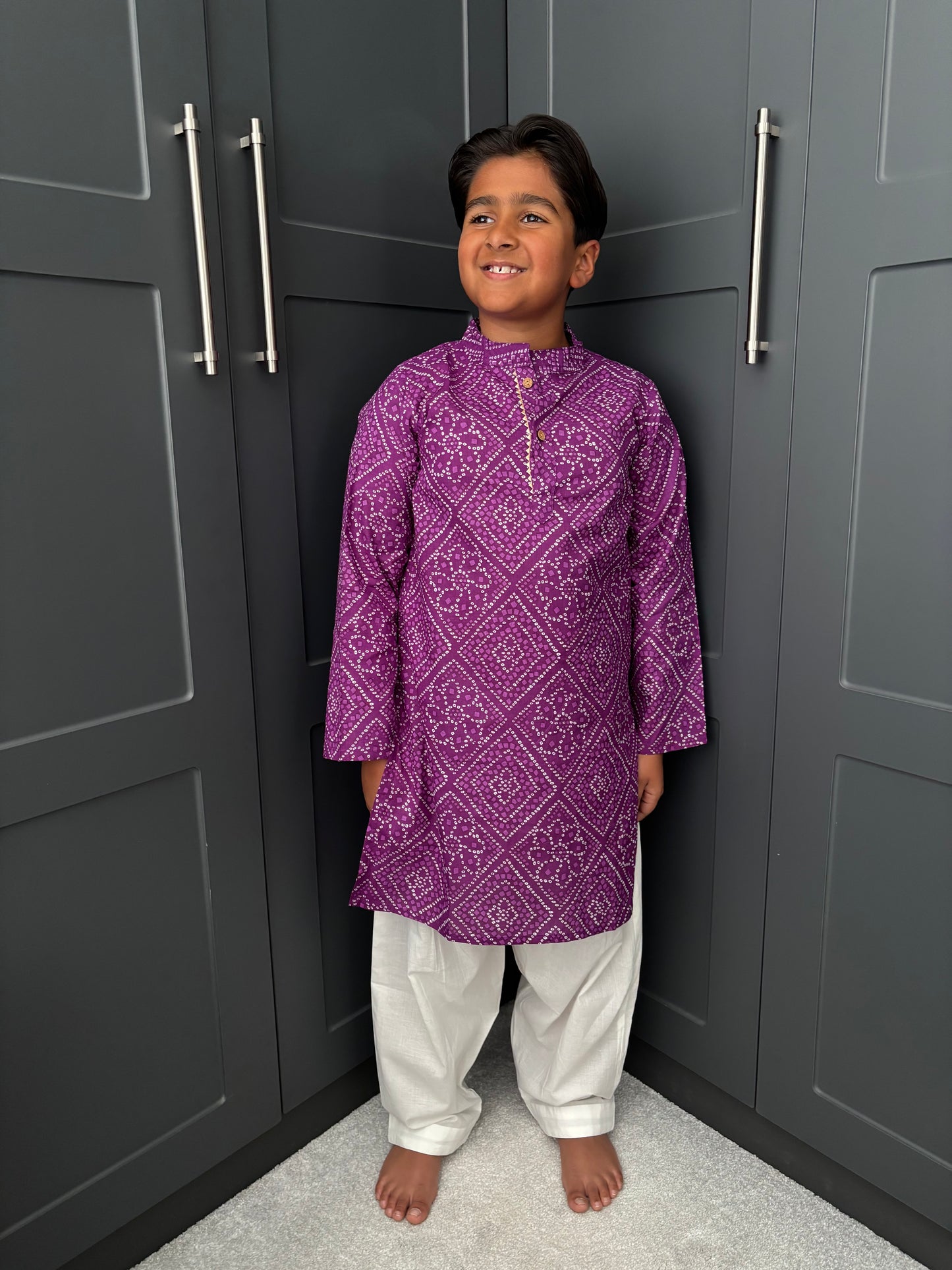 Boys Festive Purple Bandhani Print Salwar Kameez | Sibling Collection