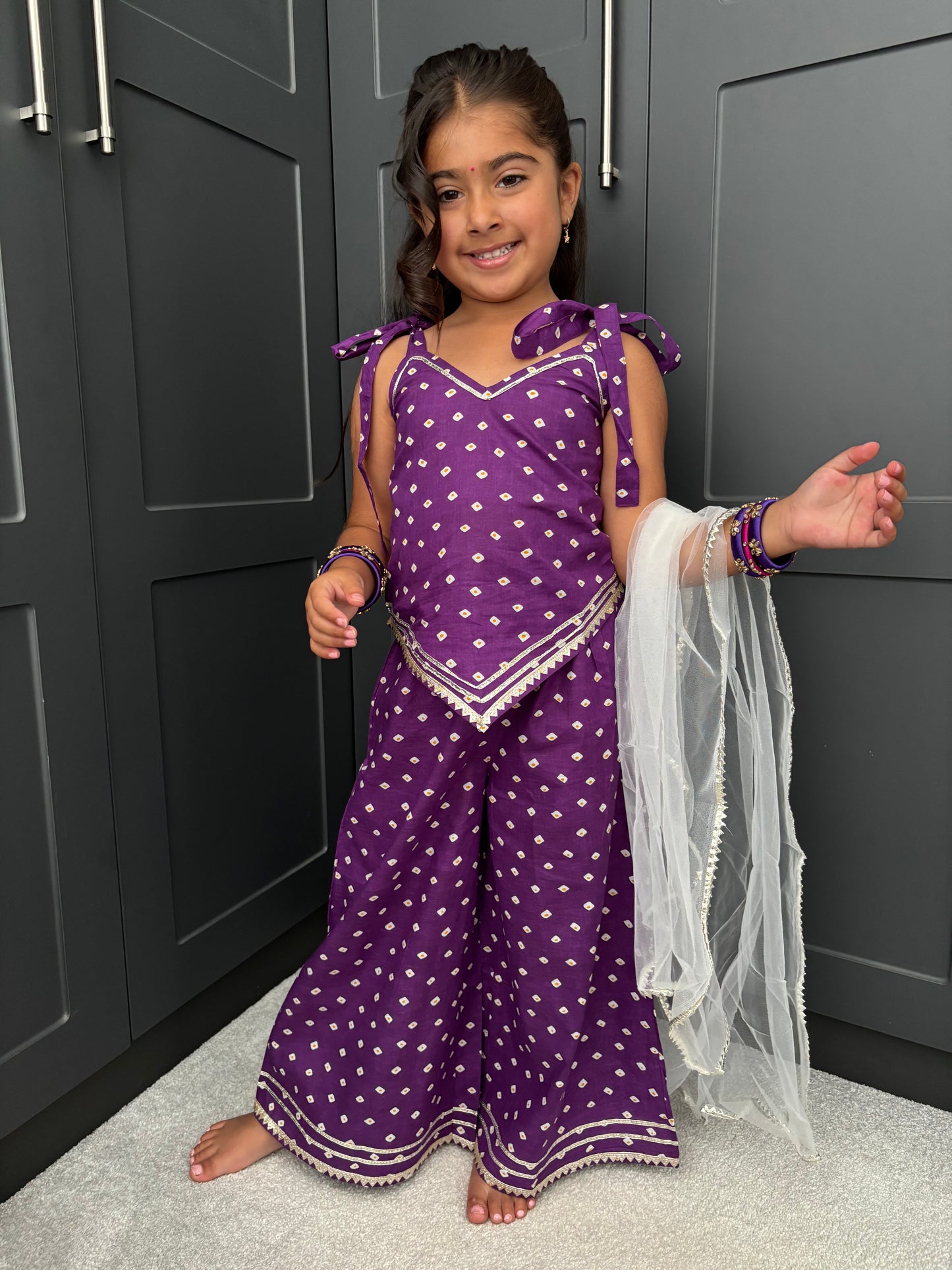 Girls Festive Purple Bandhani Print Palazzo Suit | Sibling Collection