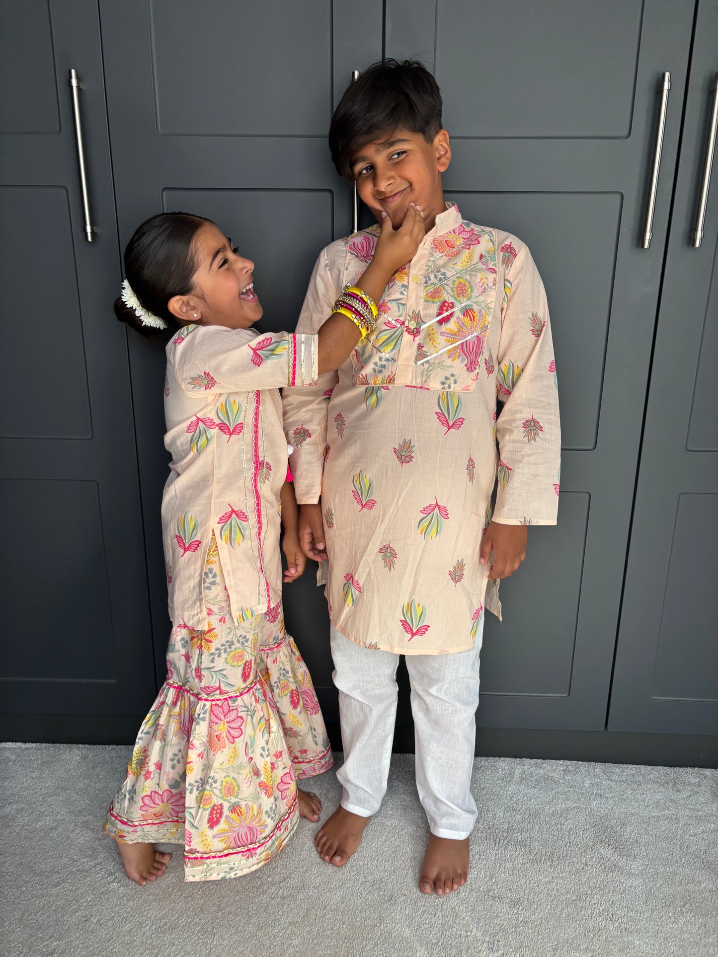 Lotus Print Kurta Pyjama Set | Boys' Indian Festive Wear | Sibling Collection