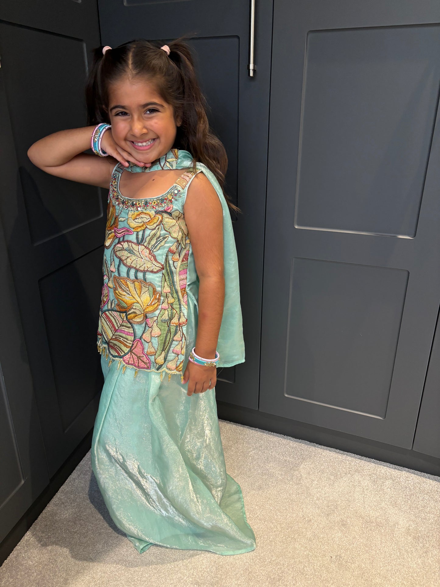 Girls Aqua Blue Embroidered Palazzo Suit | Floral Festive Ethnic Wear
