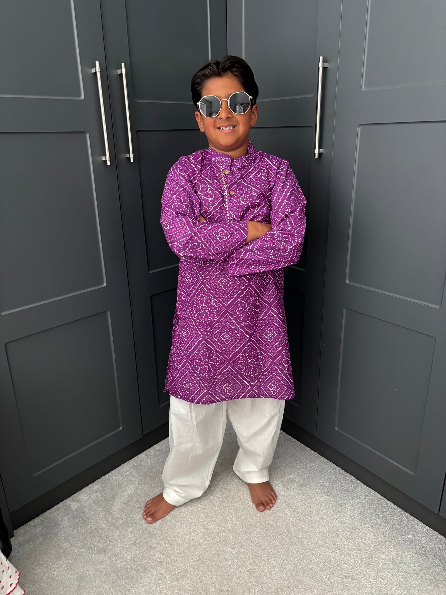 Boys Festive Purple Bandhani Print Salwar Kameez | Sibling Collection