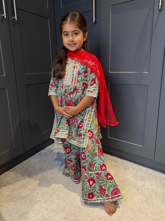 Mint & Red Paisley Print Sharara Suit