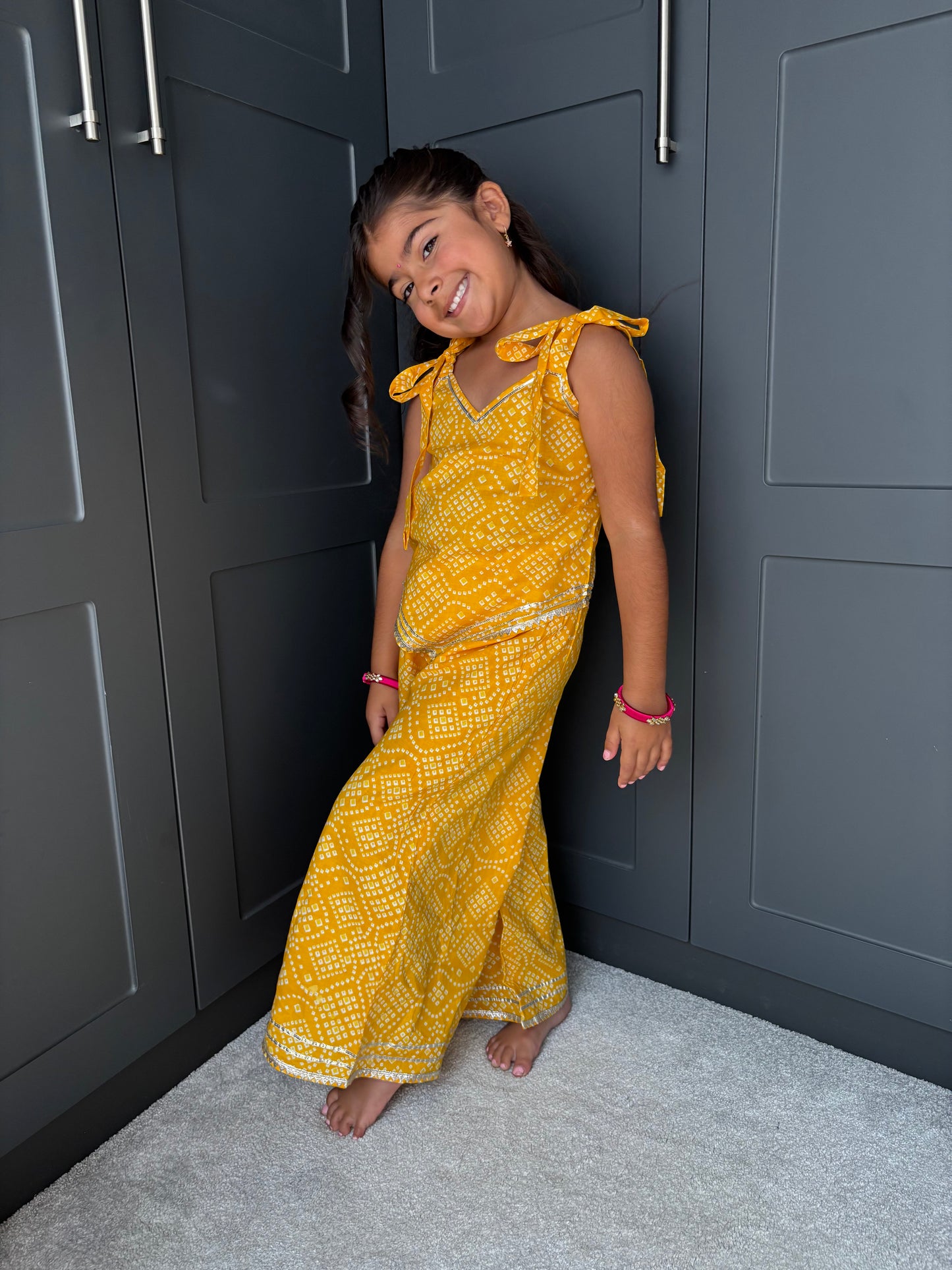 Girls Festive Yellow Bandhani Print Palazzo Suit | Sibling Collection